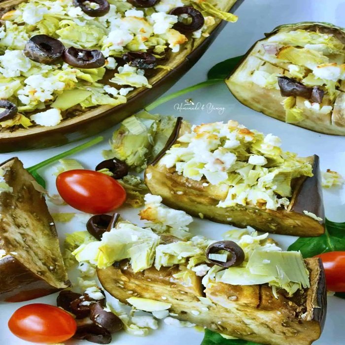 Roast aubergine with goat’s cheese & toasted flatbread