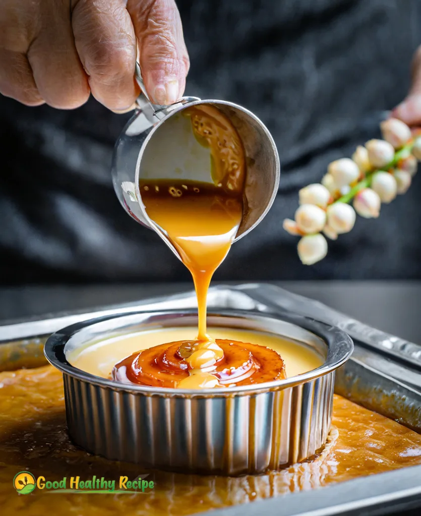 virtiendo en un molde para hornear flan de leche
