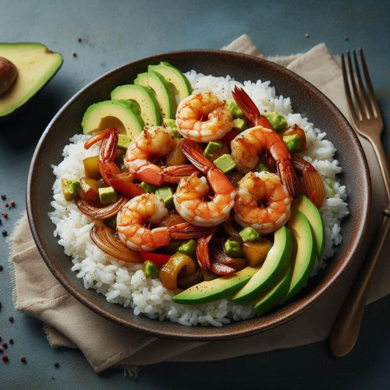 Camarones a la Criolla al estilo dominicano, con arroz blanco y aguacate